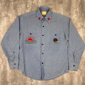 Vintage JC Penney Big Mac Button Up Shirt Mens Medium Chain Stitch Art 60s